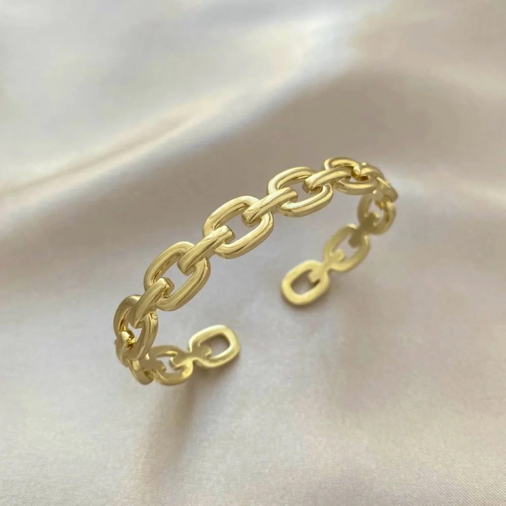 14k Gold Plated Cuban Chain Link Cuff Bracelet Adjustable Water Resistant